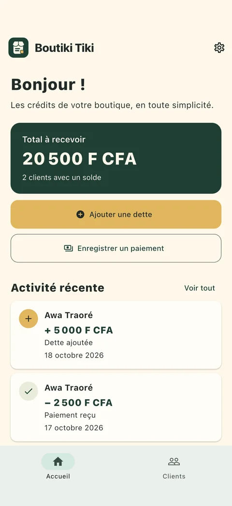 Accueil de Boutiki Tiki : total à recevoir et activité récente