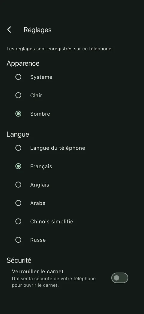 Langue, thème et verrouillage