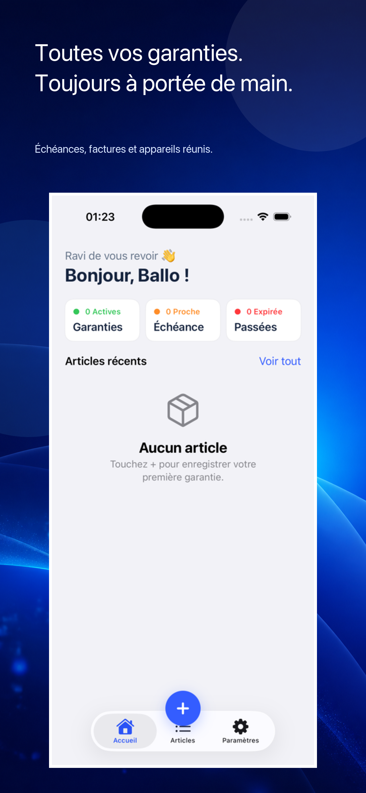 Tableau de bord Garantie+ sur iPhone
