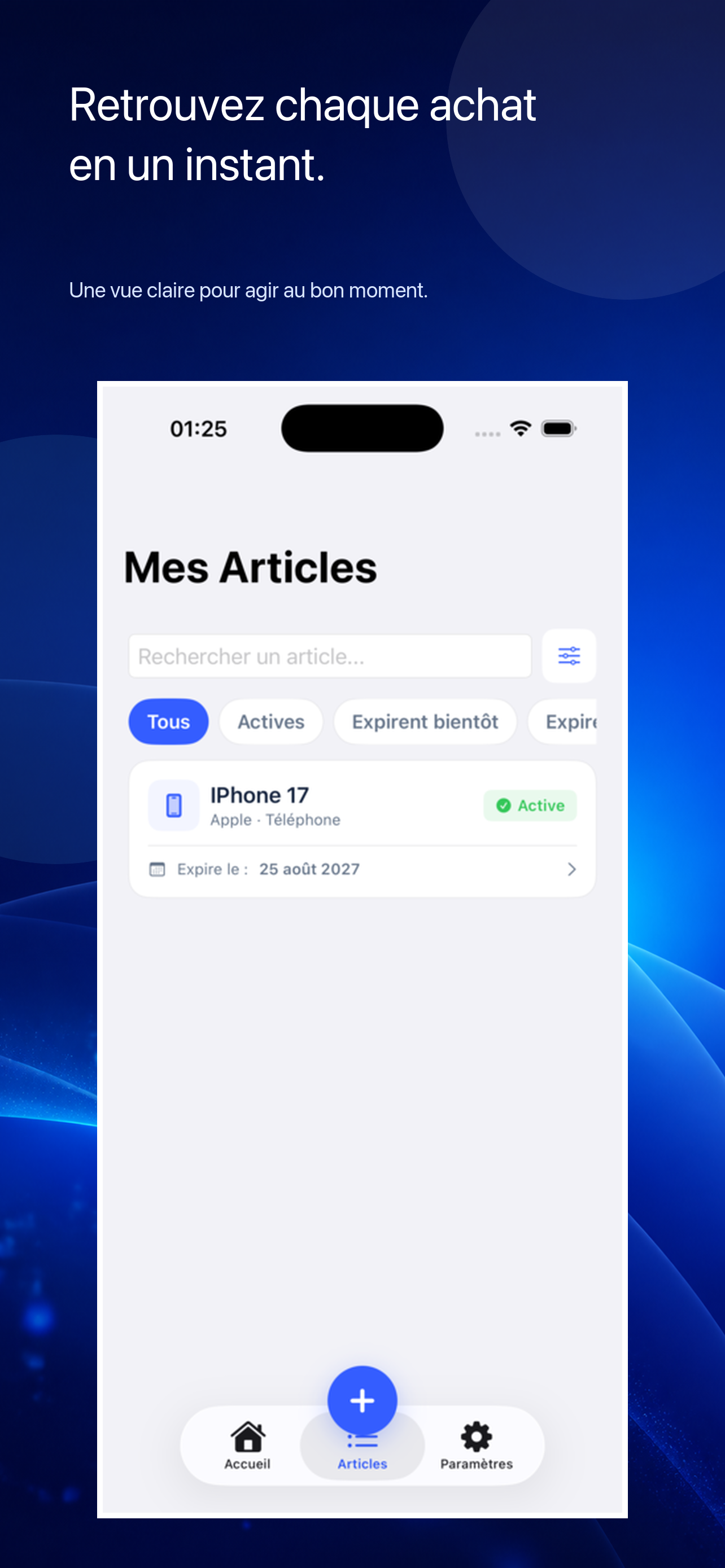 Recherche d’achats dans Garantie+ sur iPhone