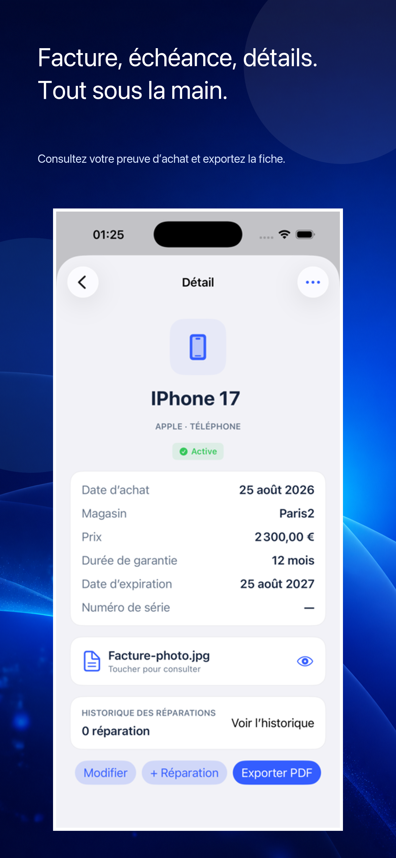 Facture et réparations dans Garantie+ sur iPhone