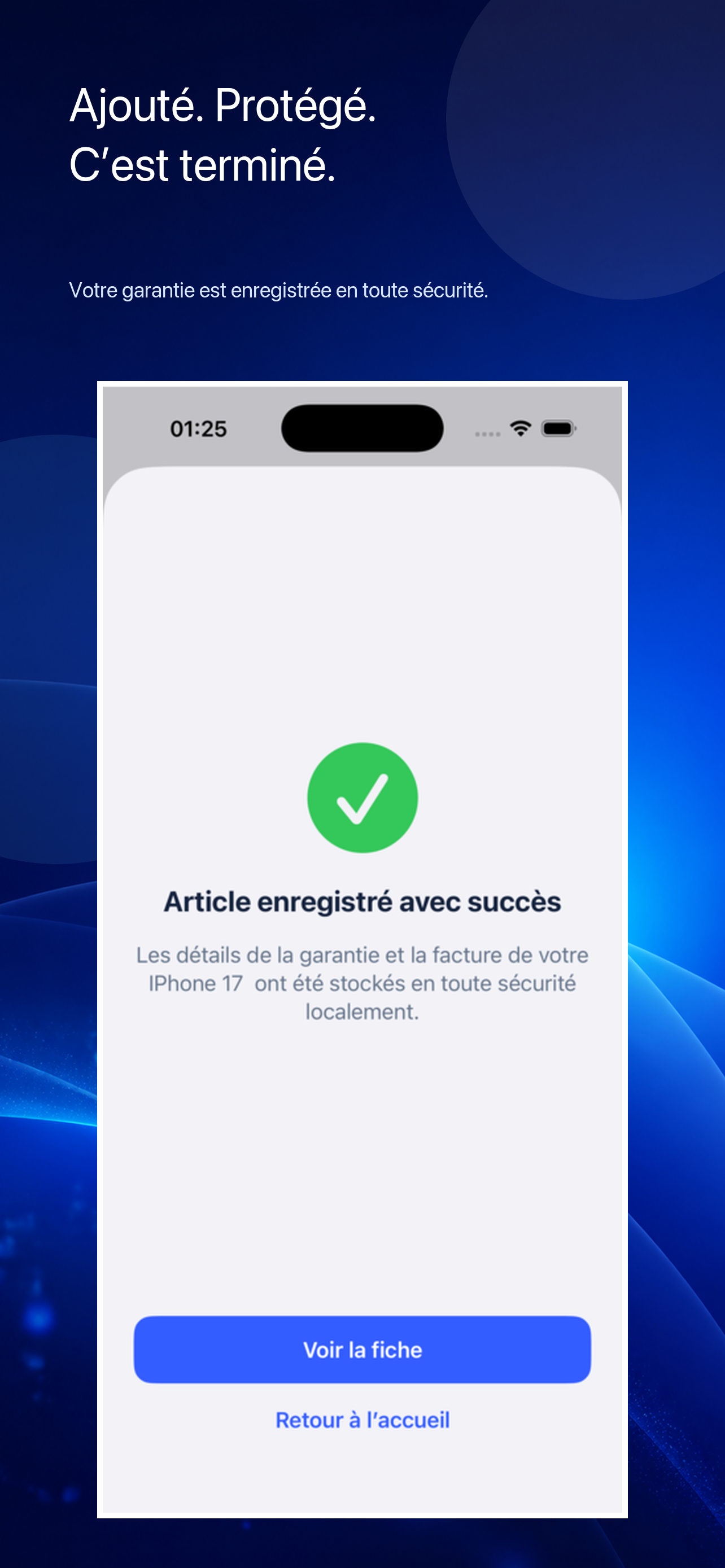 Confirmation d’ajout sécurisé dans Garantie+ sur iPhone