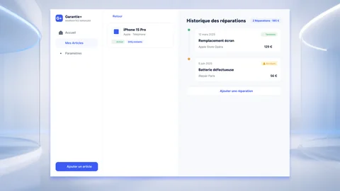 Historique des réparations dans Garantie+ sur Apple Vision Pro