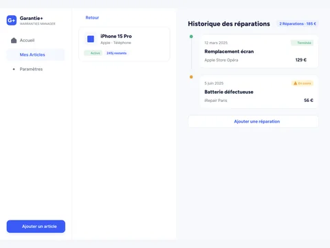 Historique des réparations dans Garantie+ sur iPad