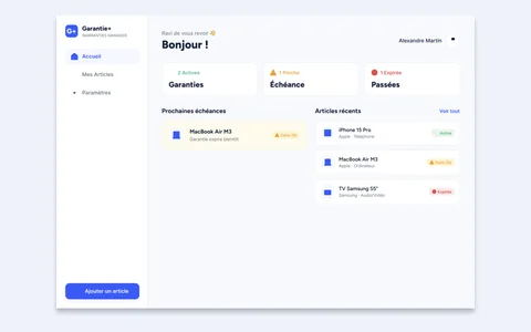 Tableau de bord des garanties et prochaines échéances sur Mac